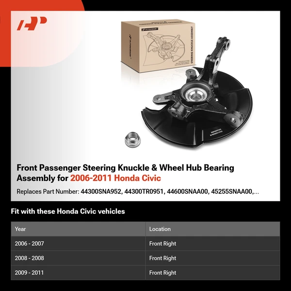 Front Passenger Steering Knuckle & Wheel Hub Bearing Assembly for 2006-2011 Honda Civic