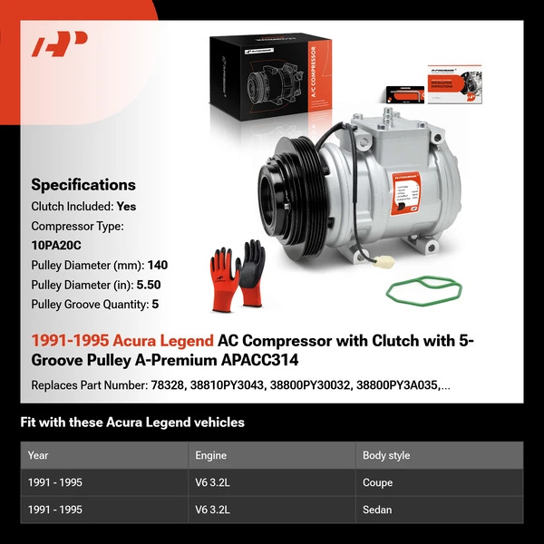 1991-1995 Acura Legend AC Compressor with Clutch with 5-Groove Pulley A-Premium APACC314