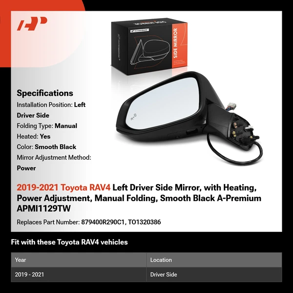 2019-2021 Toyota RAV4 Left Driver Side Mirror, with Heating, Power Adjustment, Manual Folding, Smooth Black A-Premium APMI1129TW