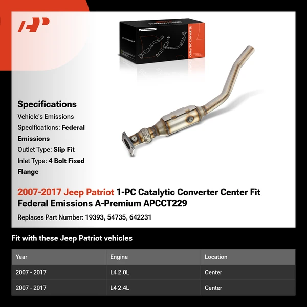 2007-2017 Jeep Patriot 1-PC Catalytic Converter Center Fit Federal Emissions A-Premium APCCT229