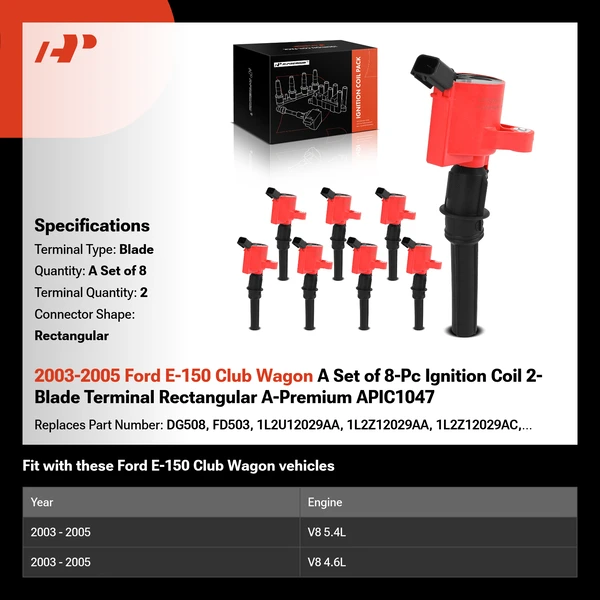 2003-2005 Ford E-150 Club Wagon A Set of 8-Pc Ignition Coil 2-Blade Terminal Rectangular A-Premium APIC1047