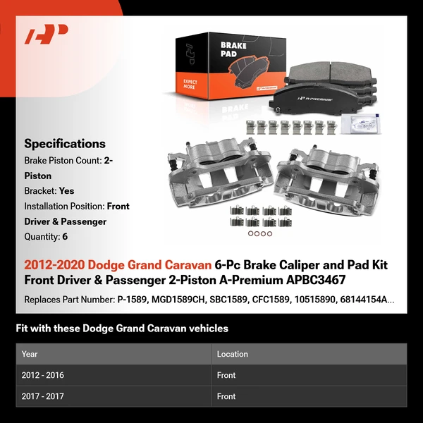 2012-2020 Dodge Grand Caravan 6-Pc Brake Caliper and Pad Kit Front Driver & Passenger 2-Piston A-Premium APBC3467