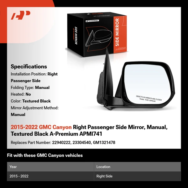 2015-2022 GMC Canyon Right Passenger Side Mirror, Manual, Textured Black A-Premium APMI741