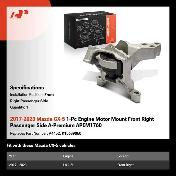 2017-2023 Mazda CX-5 1-Pc Engine Motor Mount Front Right Passenger Side A-Premium APEM1760