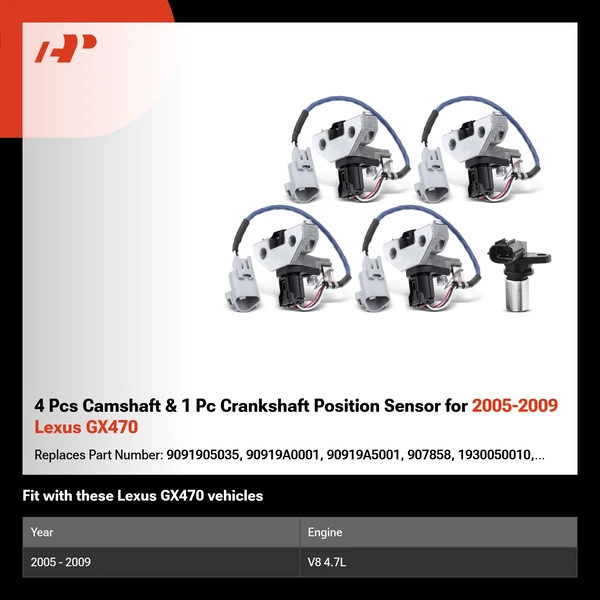 4 Pcs Camshaft & 1 Pc Crankshaft Position Sensor for 2005-2009 Lexus GX470