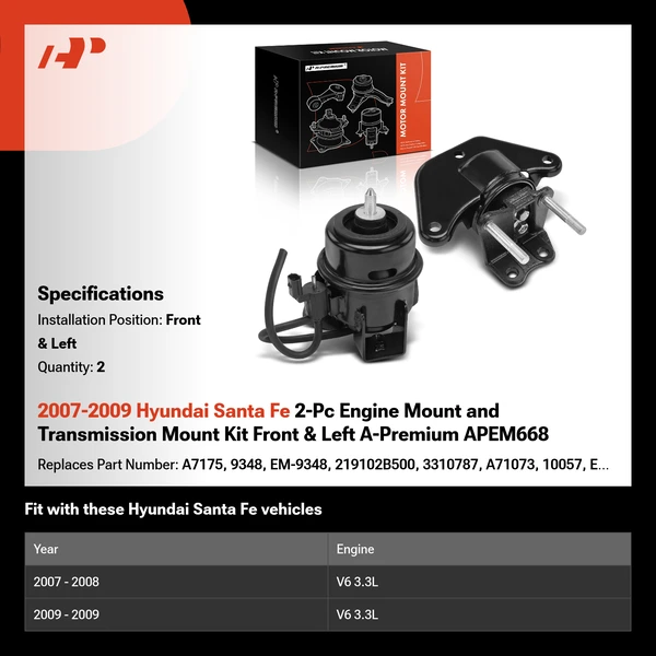 2007-2009 Hyundai Santa Fe 2-Pc Engine Mount and Transmission Mount Kit Front & Left A-Premium APEM668