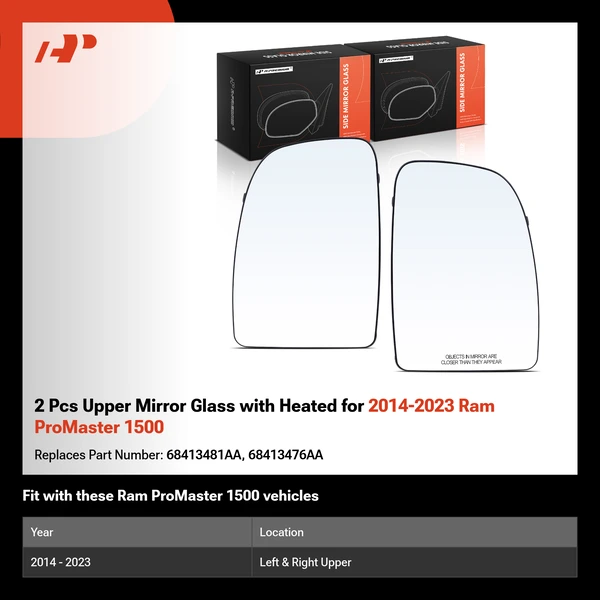 2 Pcs Upper Mirror Glass with Heated for 2014-2023 Ram ProMaster 1500