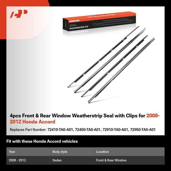 4pcs Front & Rear Window Weatherstrip Seal with Clips for 2008-2012 Honda Accord