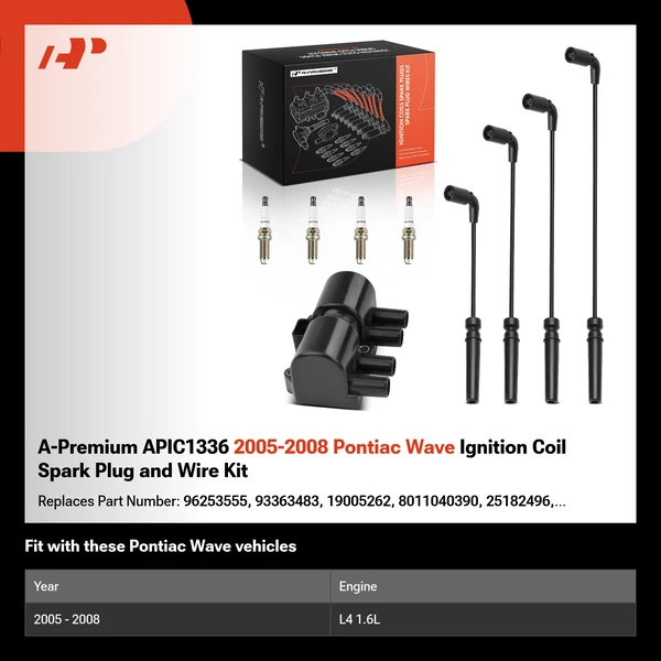 A-Premium APIC1336 2005-2008 Pontiac Wave Ignition Coil Spark Plug and Wire Kit
