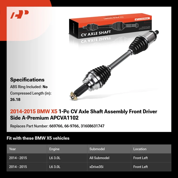 2014-2015 BMW X5 1-Pc CV Axle Shaft Assembly Front Driver Side A-Premium APCVA1102