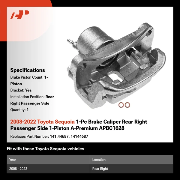 2008-2022 Toyota Sequoia 1-Pc Brake Caliper Rear Right Passenger Side 1-Piston A-Premium APBC1628