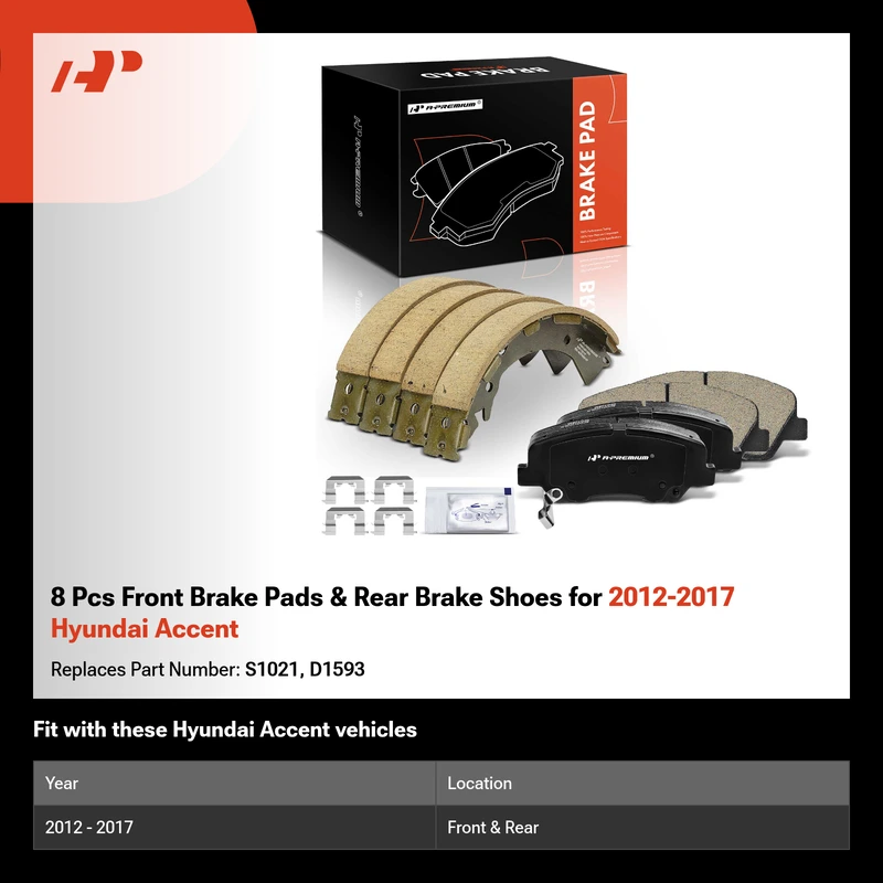 8 Pcs Front Brake Pads & Rear Brake Shoes for 2012-2017 Hyundai Accent