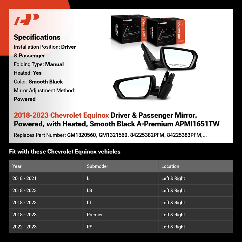 2018-2023 Chevrolet Equinox Driver & Passenger Mirror, Powered, with Heated, Smooth Black A-Premium APMI1651TW