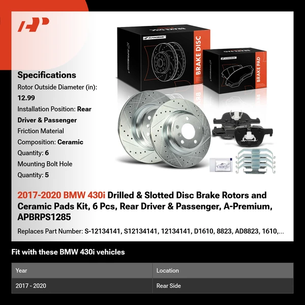 2017-2020 BMW 430i Drilled & Slotted Disc Brake Rotors and Ceramic Pads Kit, 6 Pcs, Rear Driver & Passenger, A-Premium, APBRPS1285