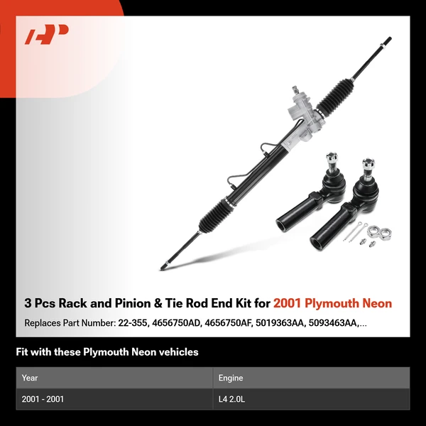 3 Pcs Rack and Pinion & Tie Rod End Kit for 2001 Plymouth Neon