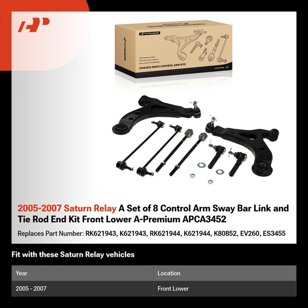 2005-2007 Saturn Relay A Set of 8 Control Arm Sway Bar Link and Tie Rod End Kit Front Lower A-Premium APCA3452