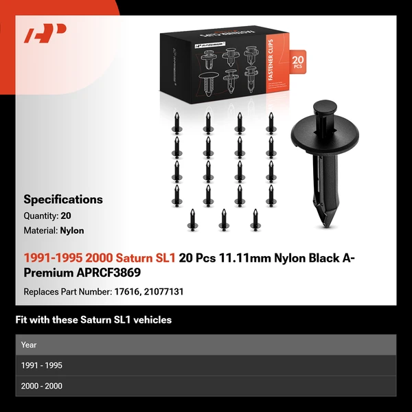 1991-1995 2000 Saturn SL1 20 Pcs 11.11mm Nylon Black A-Premium APRCF3869