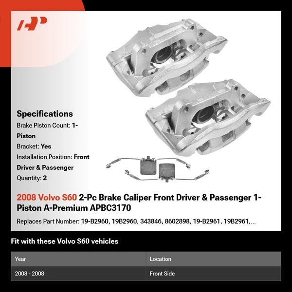 2008 Volvo S60 2-Pc Brake Caliper Front Driver & Passenger 1-Piston A-Premium APBC3170