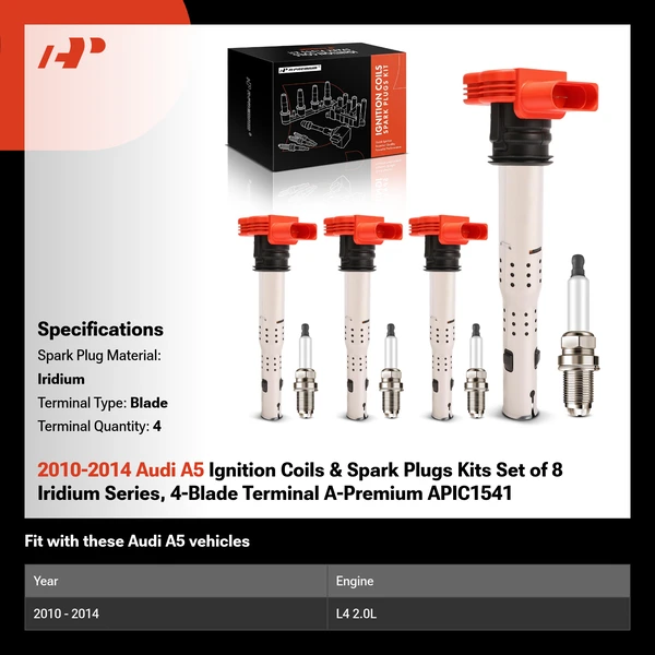 2010-2014 Audi A5 Ignition Coils & Spark Plugs Kits Set of 8 Iridium Series, 4-Blade Terminal A-Premium APIC1541