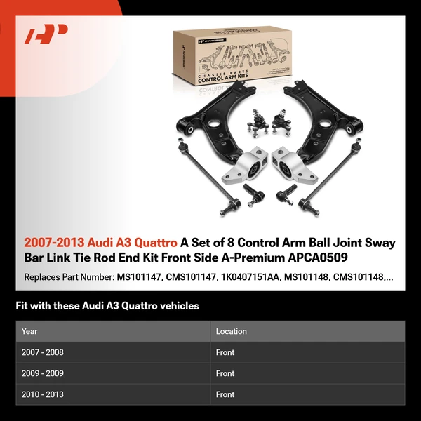 2007-2013 Audi A3 Quattro A Set of 8 Control Arm Ball Joint Sway Bar Link Tie Rod End Kit Front Side A-Premium APCA0509