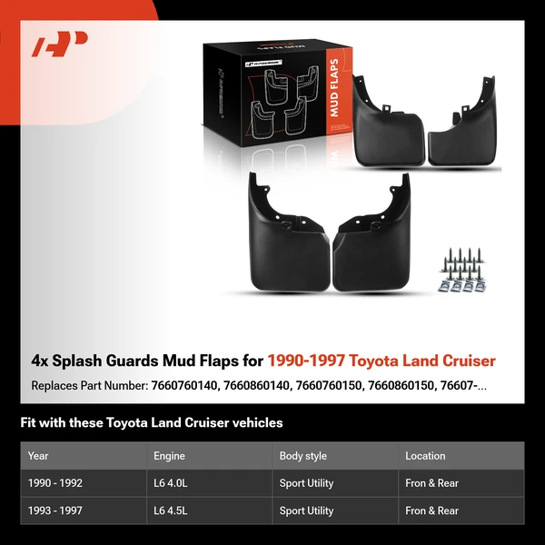 4x Splash Guards Mud Flaps for 1990-1997 Toyota Land Cruiser