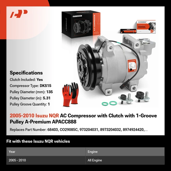 2005-2010 Isuzu NQR AC Compressor with Clutch with 1-Groove Pulley A-Premium APACC888