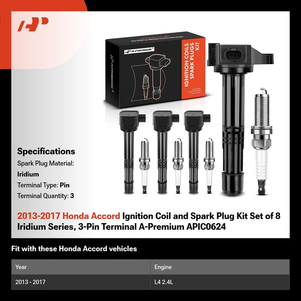 2013-2017 Honda Accord Ignition Coil and Spark Plug Kit Set of 8 Iridium Series, 3-Pin Terminal A-Premium APIC0624