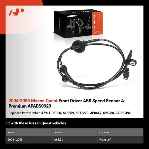 2004-2005 Nissan Quest Front Driver ABS Speed Sensor A-Premium APABS0929