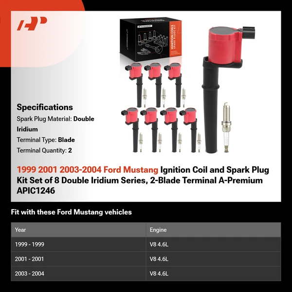 1999 2001 2003-2004 Ford Mustang Ignition Coil and Spark Plug Kit Set of 8 Double Iridium Series, 2-Blade Terminal A-Premium APIC1246