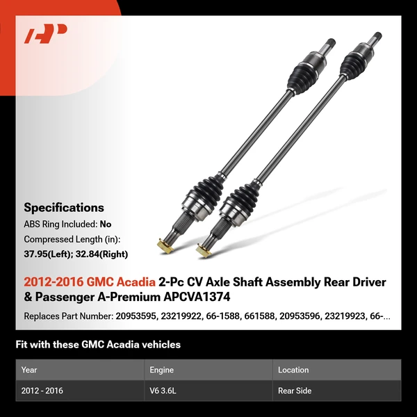 2012-2016 GMC Acadia 2-Pc CV Axle Shaft Assembly Rear Driver & Passenger A-Premium APCVA1374