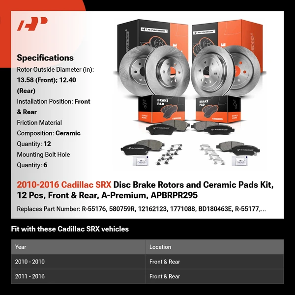 2010-2016 Cadillac SRX Disc Brake Rotors and Ceramic Pads Kit, 12 Pcs, Front & Rear, A-Premium, APBRPR295