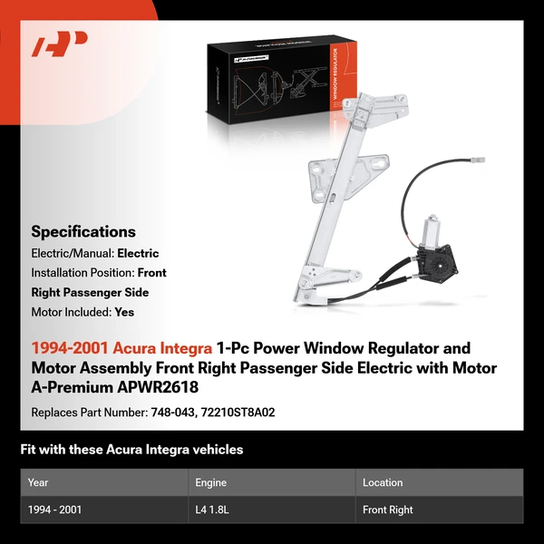 1994-2001 Acura Integra 1-Pc Power Window Regulator and Motor Assembly Front Right Passenger Side Electric with Motor A-Premium APWR2618