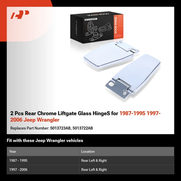 2 Pcs Rear Chrome Liftgate Glass HingeS for 1987-1995 1997-2006 Jeep Wrangler