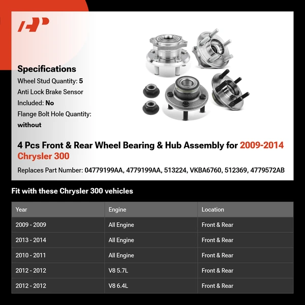 4 Pcs Front & Rear Wheel Bearing & Hub Assembly for 2009-2014 Chrysler 300