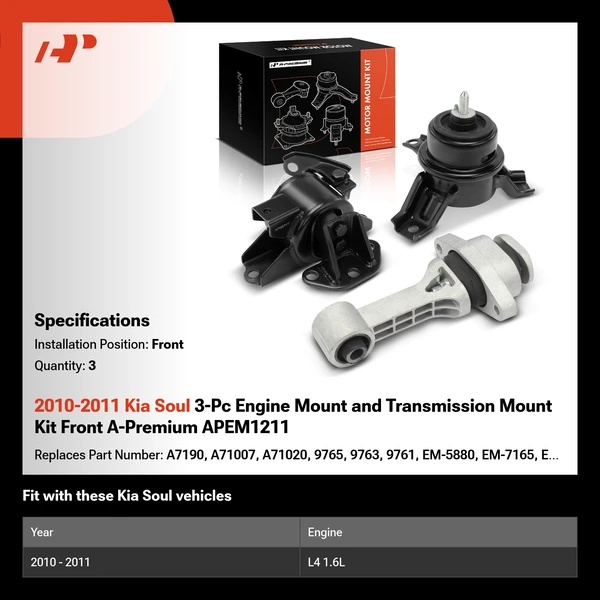 2010-2011 Kia Soul 3-Pc Engine Mount and Transmission Mount Kit Front A-Premium APEM1211