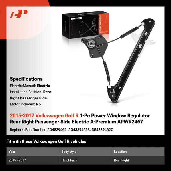 2015-2017 Volkswagen Golf R 1-Pc Power Window Regulator Rear Right Passenger Side Electric A-Premium APWR2467
