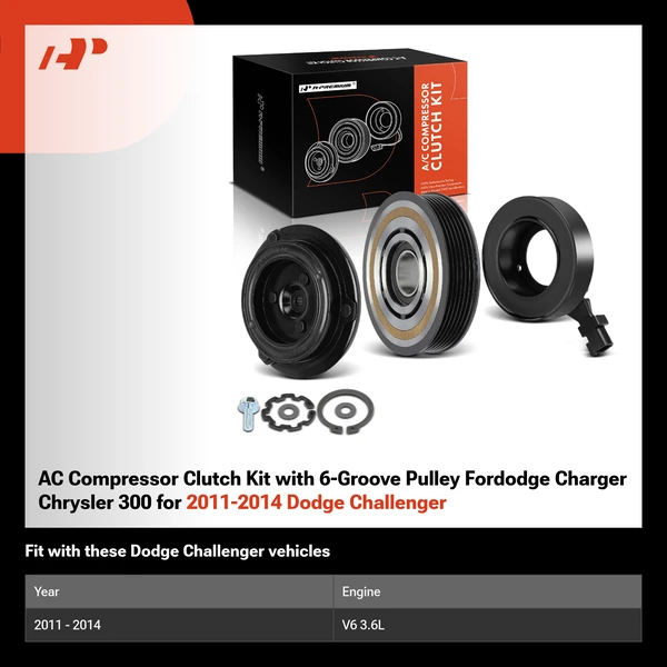 AC Compressor Clutch Kit with 6-Groove Pulley Fordodge Charger Chrysler 300 for 2011-2014 Dodge Challenger