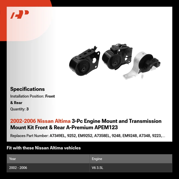 2002-2006 Nissan Altima 3-Pc Engine Mount and Transmission Mount Kit Front & Rear A-Premium APEM123