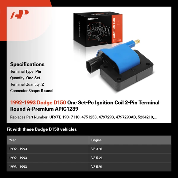 1992-1993 Dodge D150 One Set-Pc Ignition Coil 2-Pin Terminal Round A-Premium APIC1239
