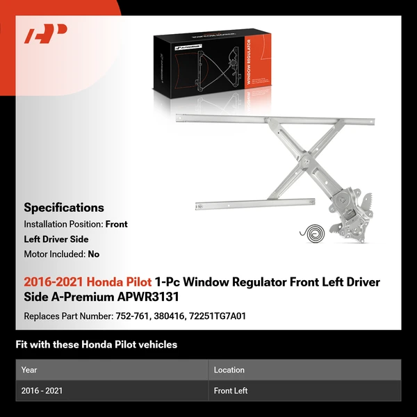 2016-2021 Honda Pilot 1-Pc Window Regulator Front Left Driver Side A-Premium APWR3131