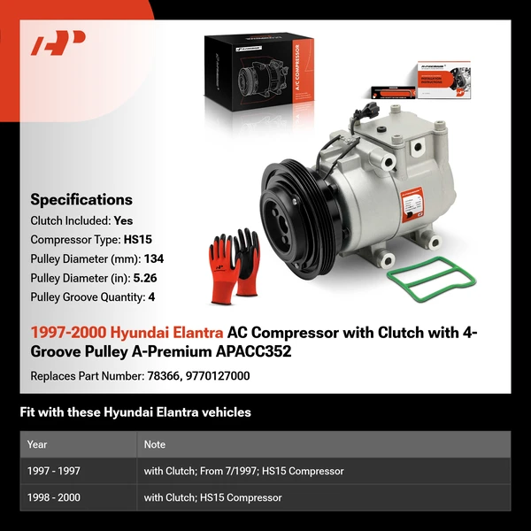 1997-2000 Hyundai Elantra AC Compressor with Clutch with 4-Groove Pulley A-Premium APACC352