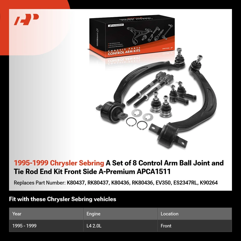 1995-1999 Chrysler Sebring A Set of 8 Control Arm Ball Joint and Tie Rod End Kit Front Side A-Premium APCA1511