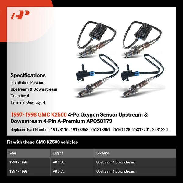 1997-1998 GMC K2500 4-Pc Oxygen Sensor Upstream & Downstream 4-Pin A-Premium APOS0179