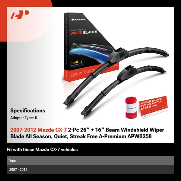 2007-2012 Mazda CX-7 2-Pc 26″ + 16″ Beam Windshield Wiper Blade All Season, Quiet, Streak Free A-Premium APWB258