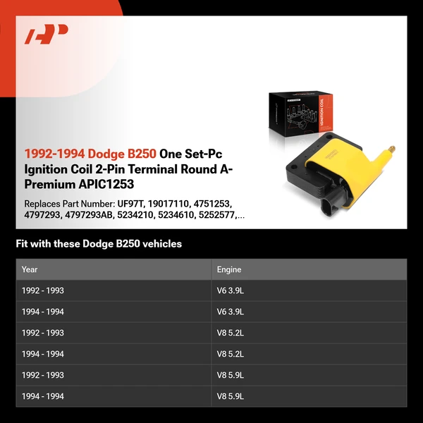 1992-1994 Dodge B250 One Set-Pc Ignition Coil 2-Pin Terminal Round A-Premium APIC1253