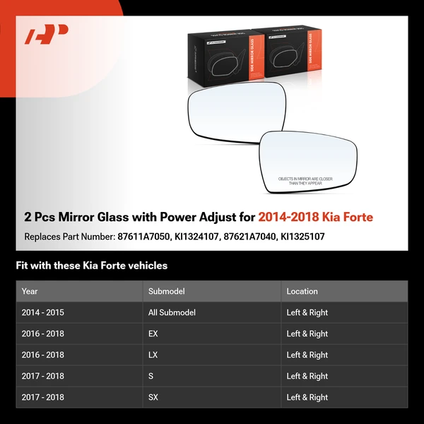 2 Pcs Mirror Glass with Power Adjust for 2014-2018 Kia Forte
