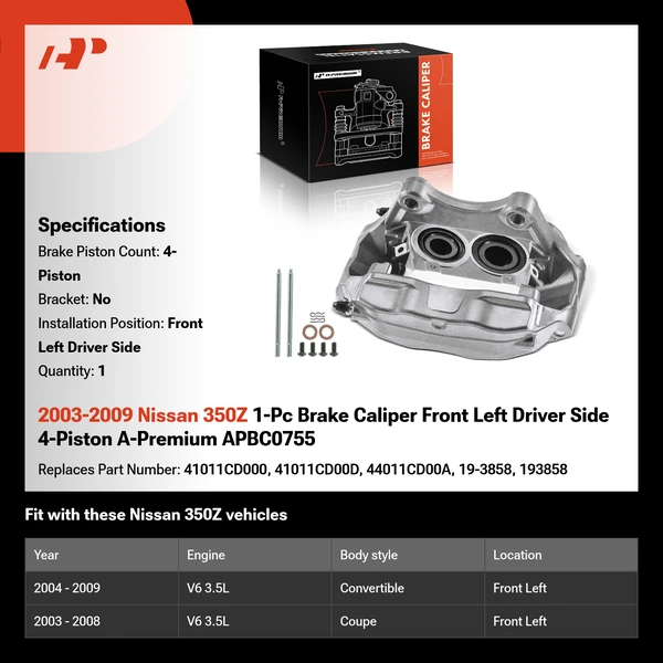 2003-2009 Nissan 350Z 1-Pc Brake Caliper Front Left Driver Side 4-Piston A-Premium APBC0755
