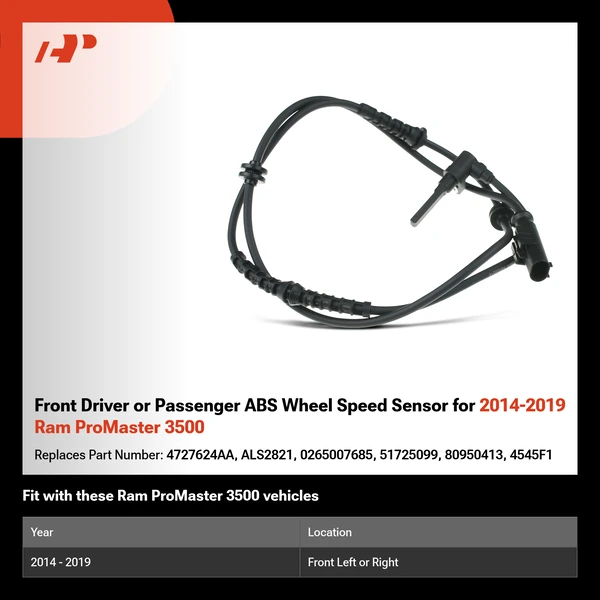 Front Driver or Passenger ABS Wheel Speed Sensor for 2014-2019 Ram ProMaster 3500