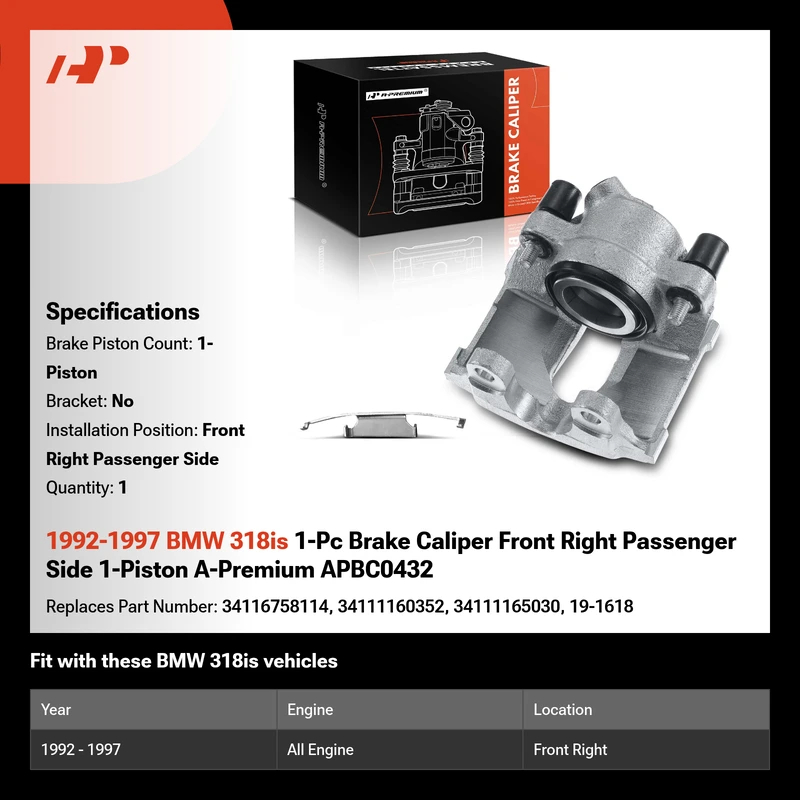 1992-1997 BMW 318is 1-Pc Brake Caliper Front Right Passenger Side 1-Piston A-Premium APBC0432