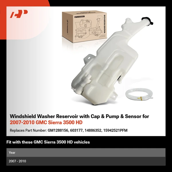 Windshield Washer Reservoir with Cap & Pump & Sensor for 2007-2010 GMC Sierra 3500 HD